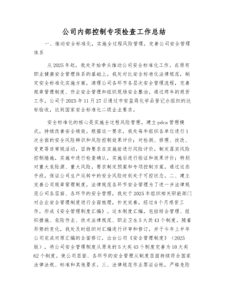 公司内部控制专项检查工作总结