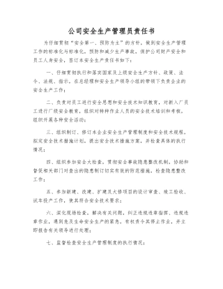 公司安全生产管理员责任书