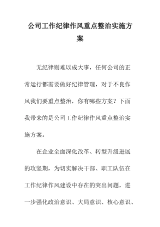 公司工作纪律作风重点整治实施方案