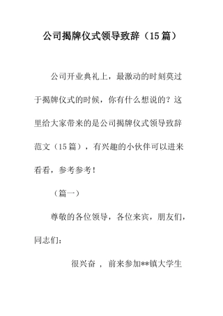 公司揭牌仪式领导致辞