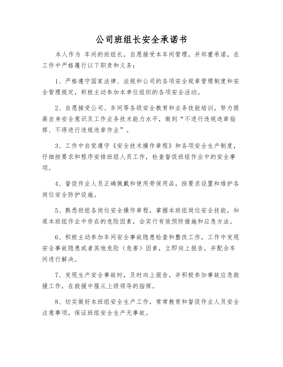 公司班组长安全承诺书_第1页