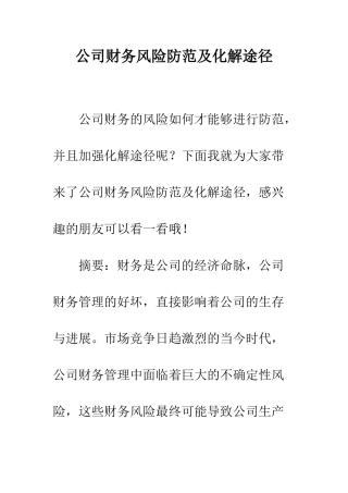 公司财务风险防范及化解途径