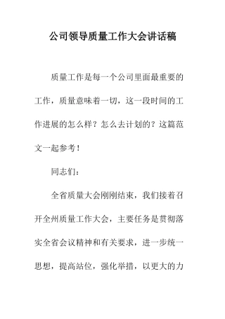 公司领导质量工作大会讲话稿