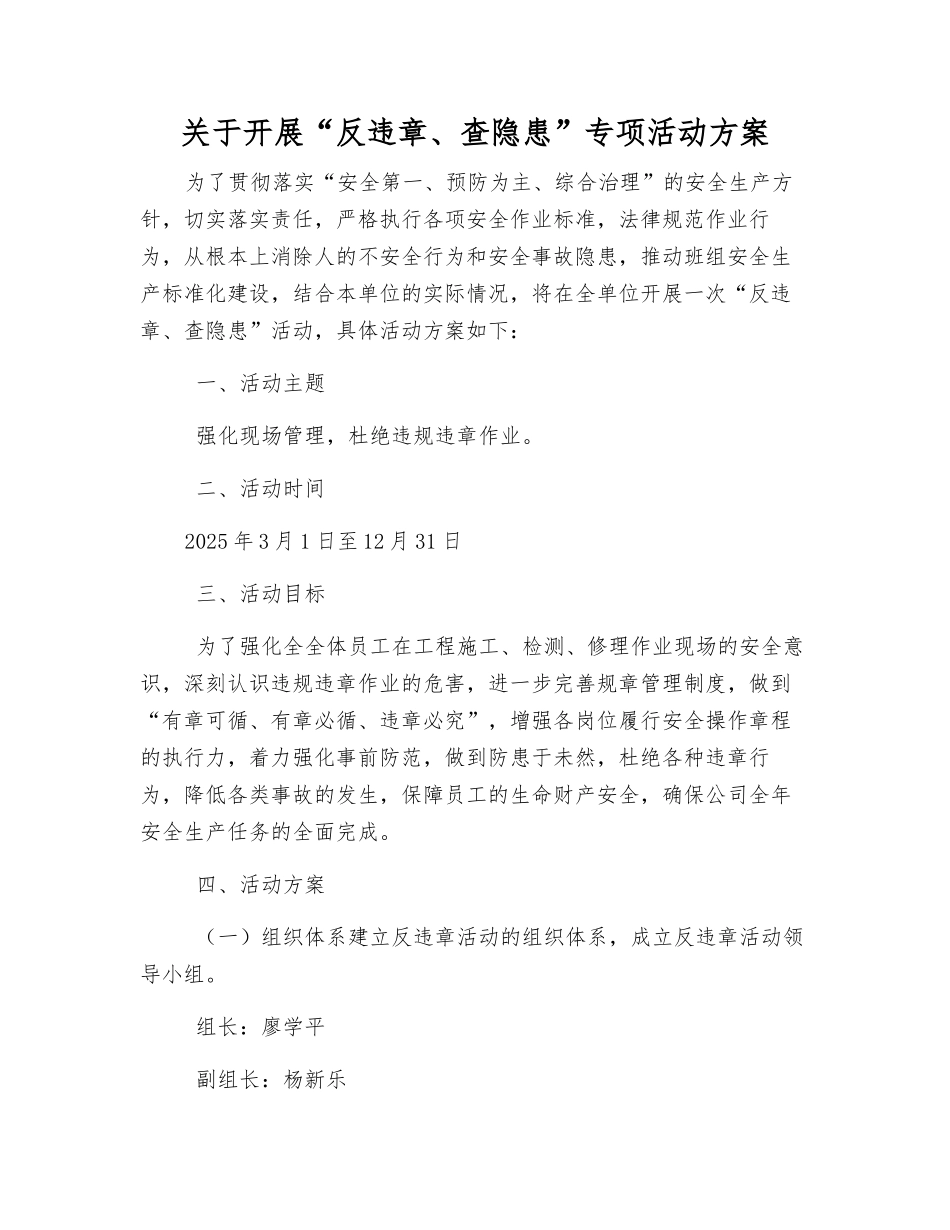 关于开展“反违章、查隐患”专项活动方案_第1页