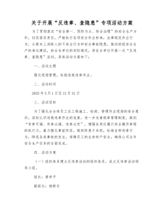 关于开展“反违章、查隐患”专项活动方案