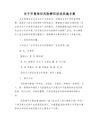 关于开展岗位风险辨识活动实施方案