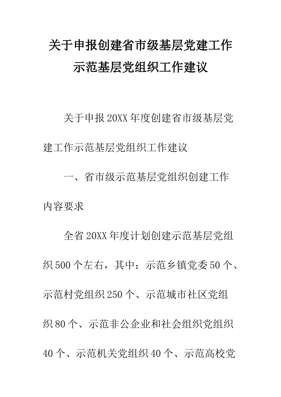 关于申报创建省市级基层党建工作示范基层党组织工作建议_第1页