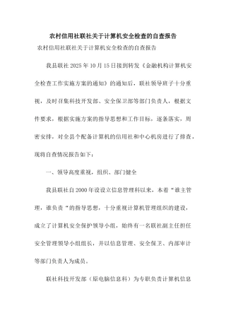 农村信用社联社关于计算机安全检查的自查报告