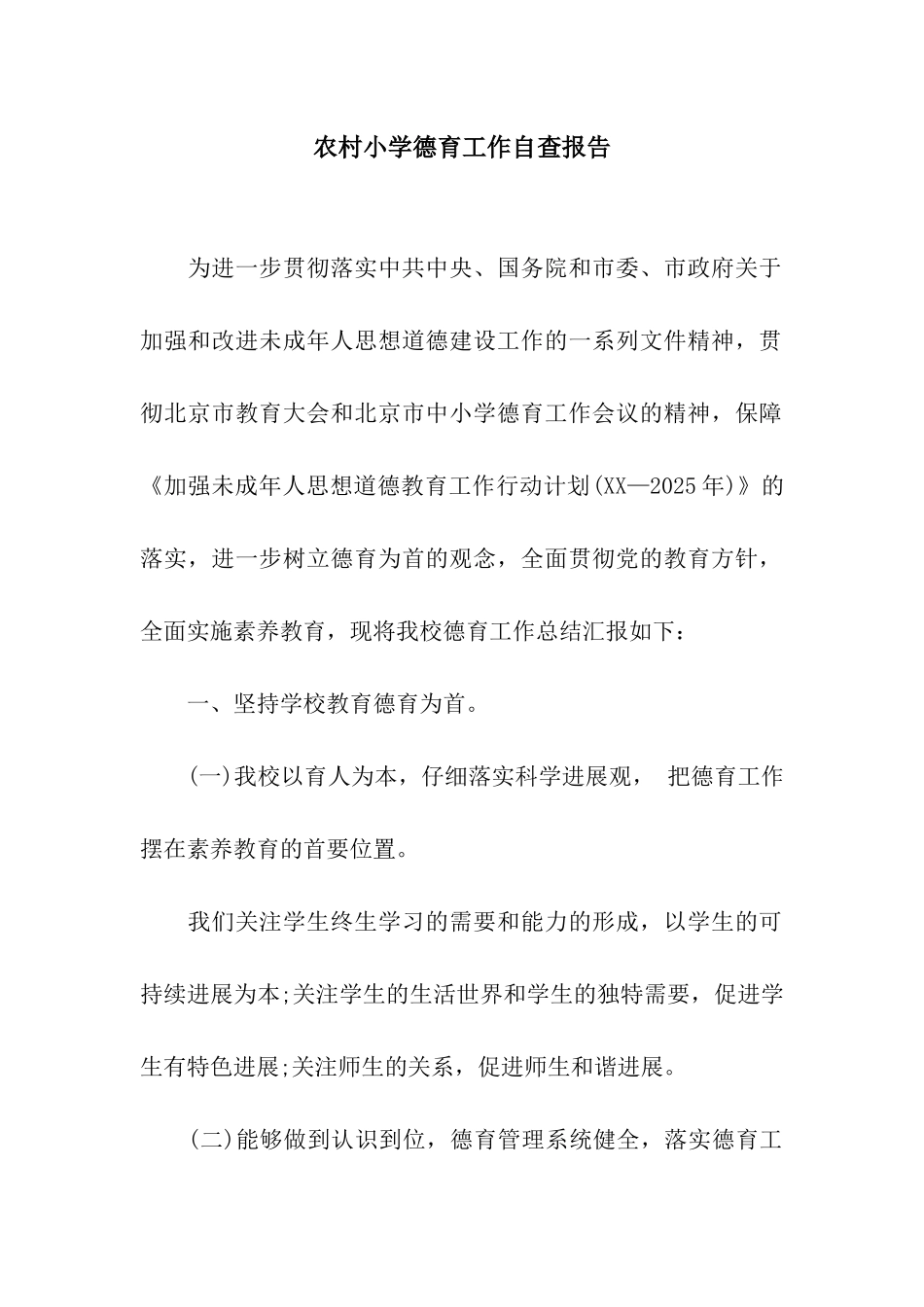 农村小学德育工作自查报告_第1页