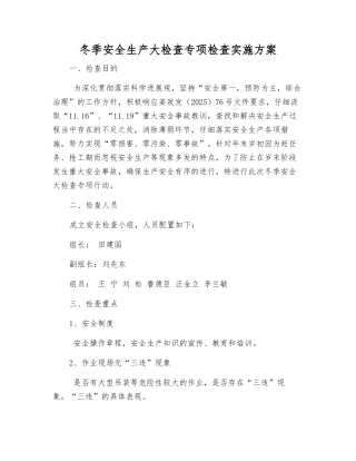 冬季安全生产大检查专项检查实施方案