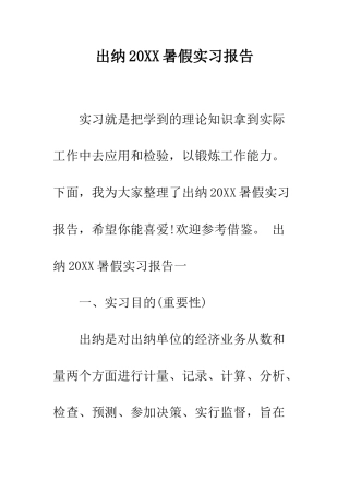 出纳2025暑假实习报告--精编范文