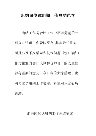 出纳岗位试用期工作总结范文--精编范文