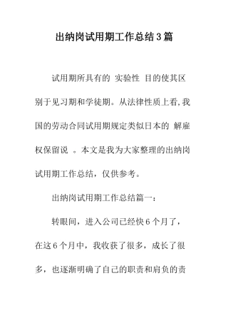 出纳岗试用期工作总结3篇--精编范文