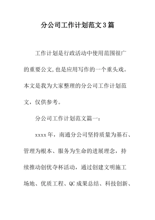 分公司工作计划范文3篇--精编范文
