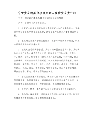 分管安全的其他项目负责人岗位安全责任状