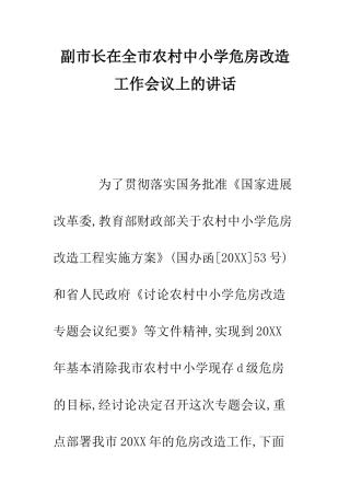 副市长在全市农村中小学危房改造工作会议上的讲话--精编范文