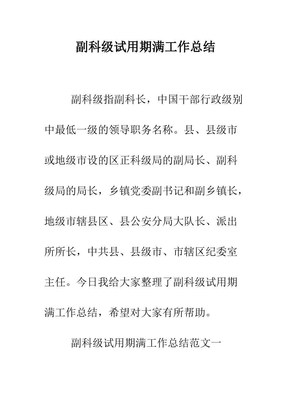 副科级试用期满工作总结--精编范文_第1页