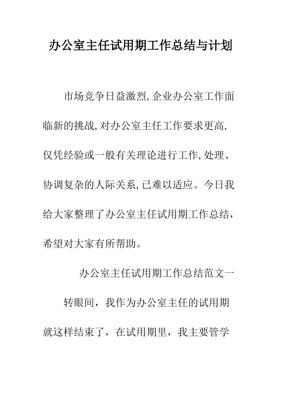 办公室主任试用期工作总结与计划--精编范文_第1页