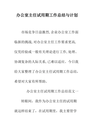 办公室主任试用期工作总结与计划--精编范文