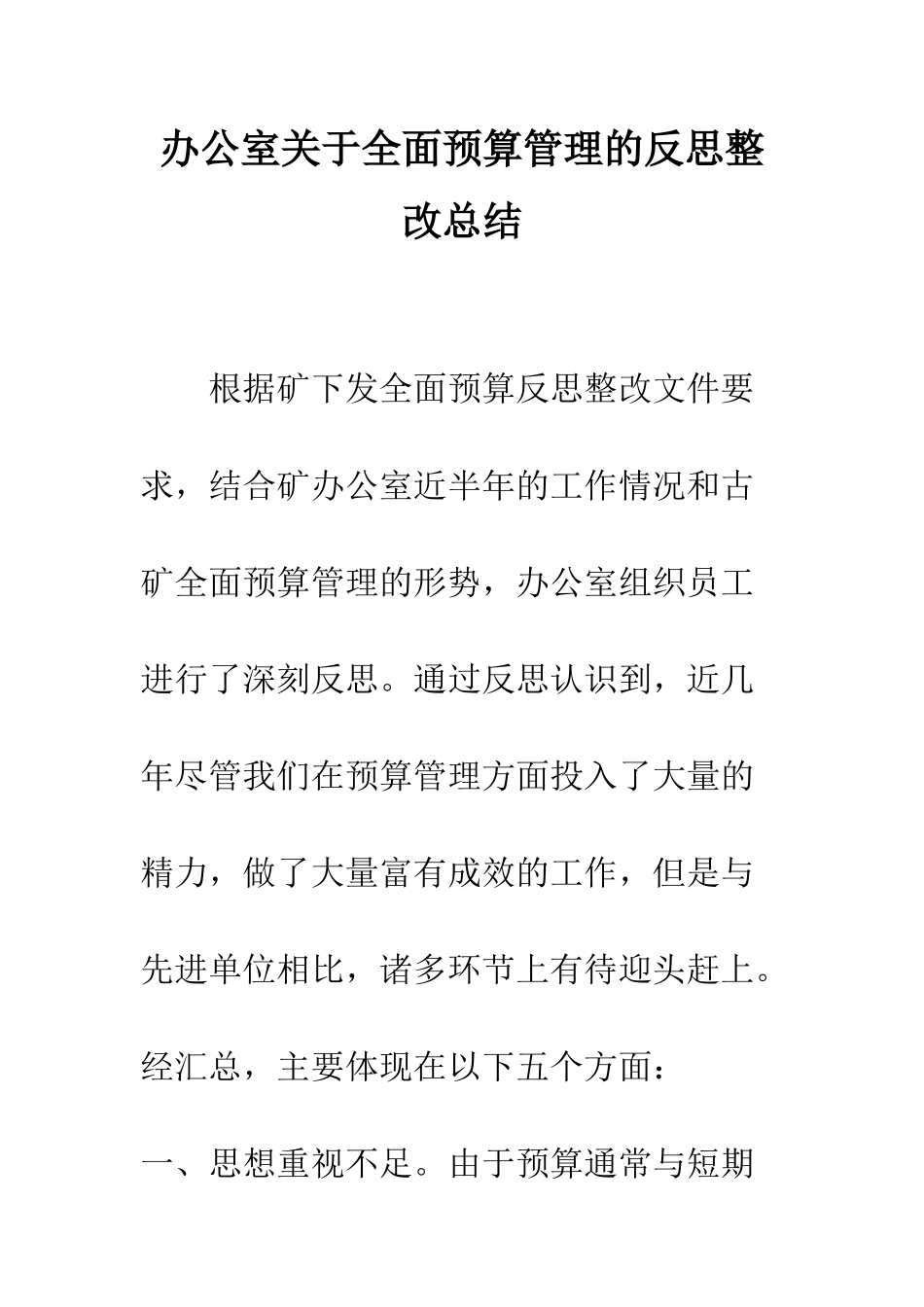 办公室关于全面预算管理的反思整改总结--精编范文_第1页