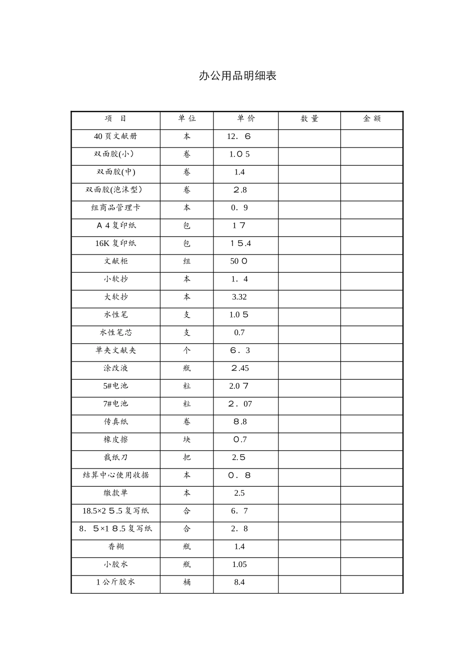办公用品明细表、价目表_第1页