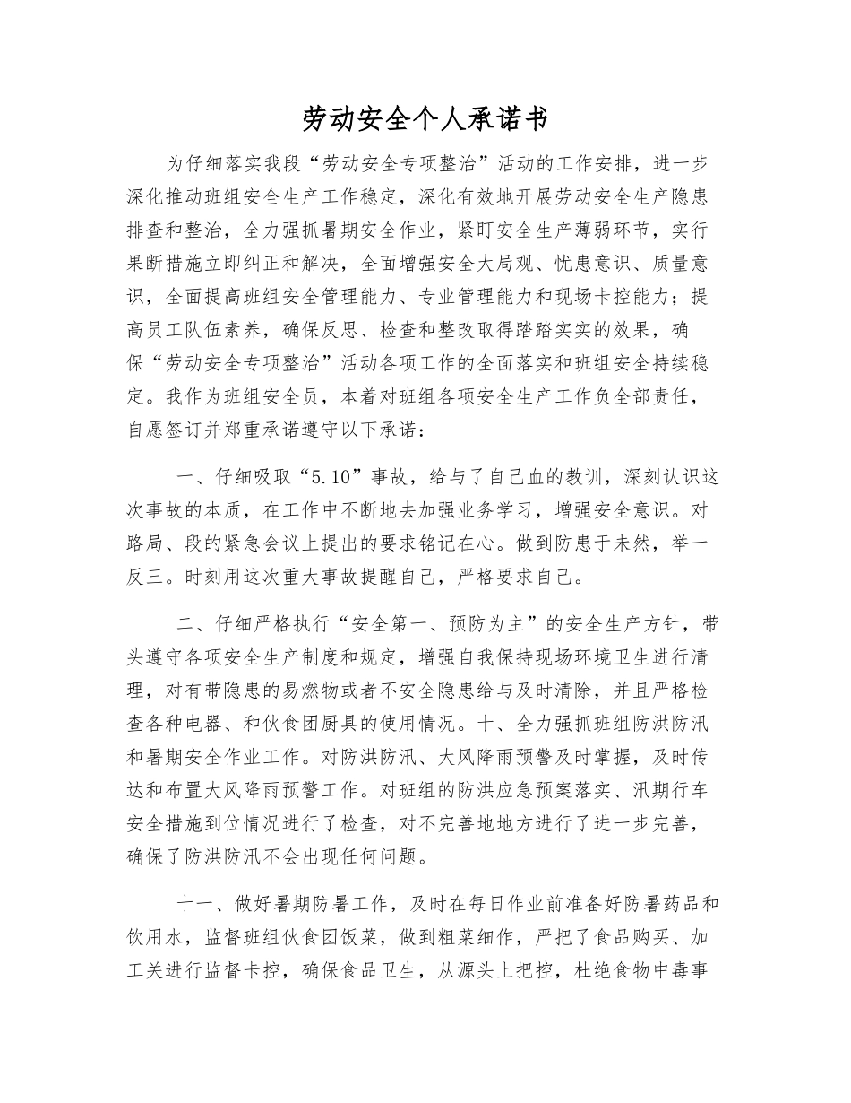 劳动安全个人承诺书_第1页