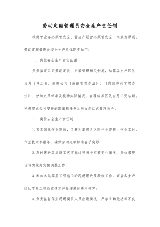劳动定额管理员安全生产责任制