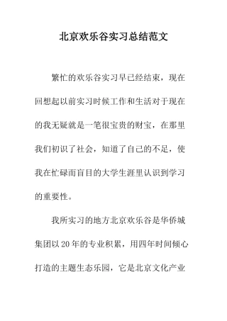 北京欢乐谷实习总结范文--精编范文