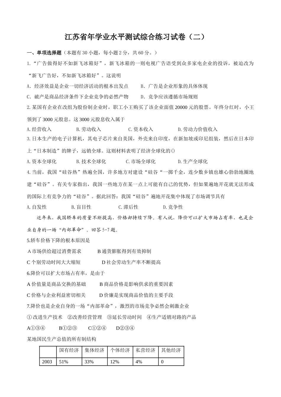 江苏省学业水平测试综合练习试卷（“广告做得好不如新飞冰箱好”）_第1页