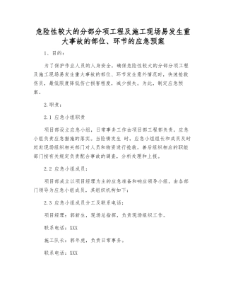 危险性较大的分部分项工程及施工现场易发生重大事故的部位、环节的应急预案