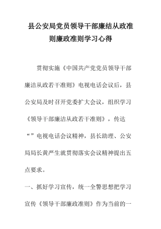 县公安局党员领导干部廉结从政准则廉政准则学习心得--精编范文