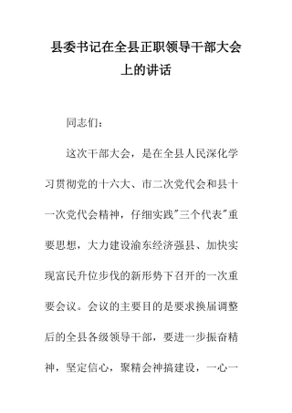 县委书记在全县正职领导干部大会上的讲话--精编范文
