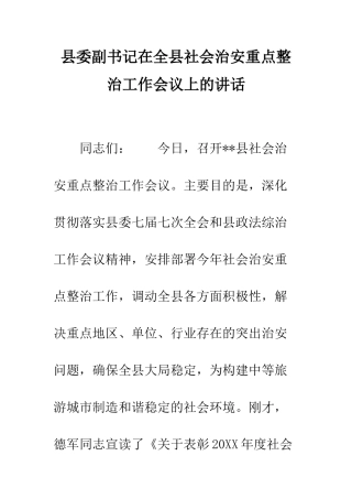县委副书记在全县社会治安重点整治工作会议上的讲话--精编范文