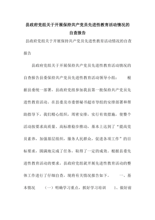 县政府党组关于开展保持共产党员先进性教育活动情况的自查报告