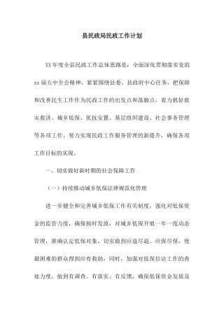 县民政局民政工作计划