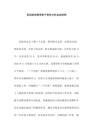 县民政局领导班子党性分析总结材料