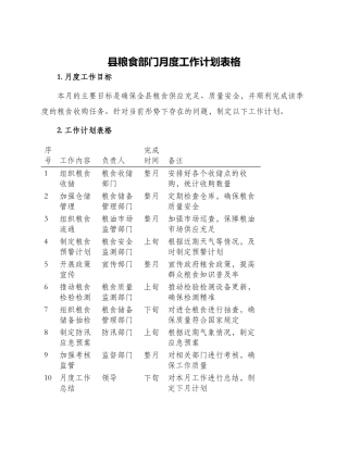 县粮食部门月度工作计划表格