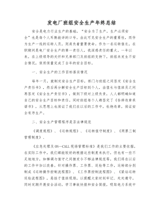 发电厂班组安全生产年终总结