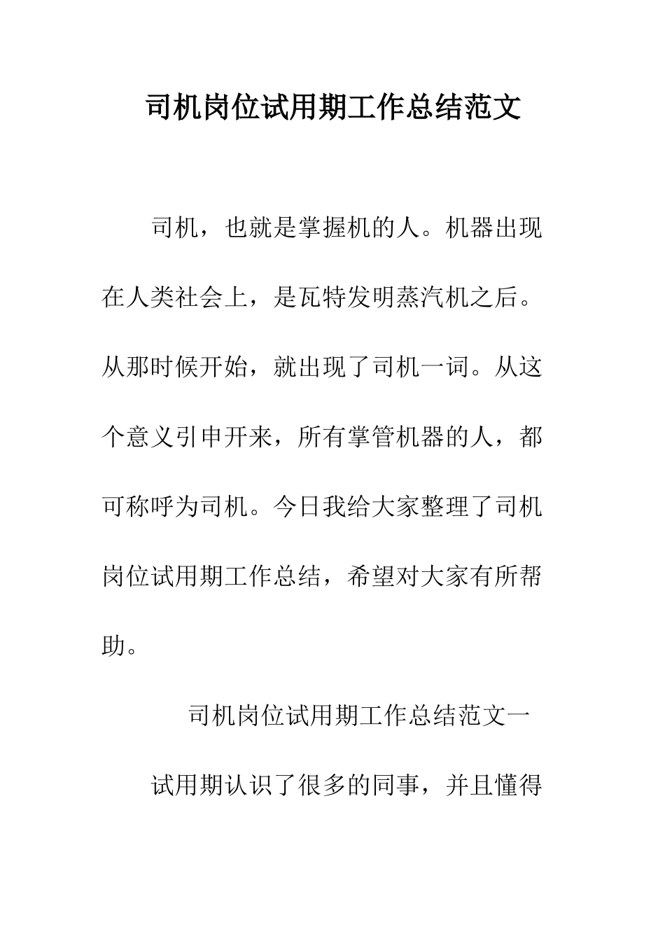 司机岗位试用期工作总结范文--精编范文_第1页