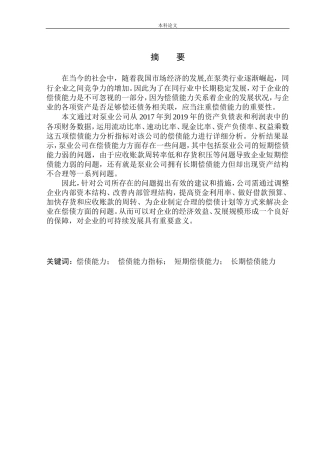 泵业公司偿债能力分析