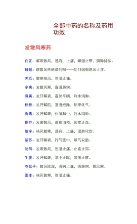 常用中药名称和药用功效