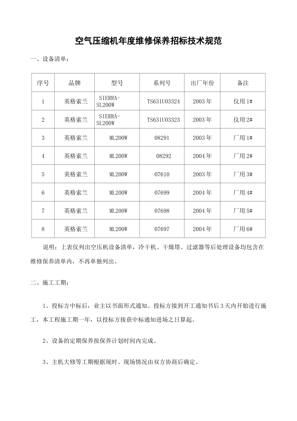 空气压缩机 维修保养招标技术规范 _第1页