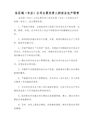 各区域公司主要负责人的安全生产职责