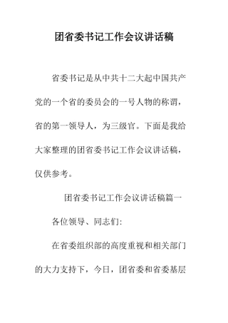 团省委书记工作会议讲话稿--精编范文