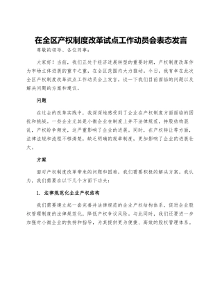 在全区产权制度改革试点工作动员会表态发言
