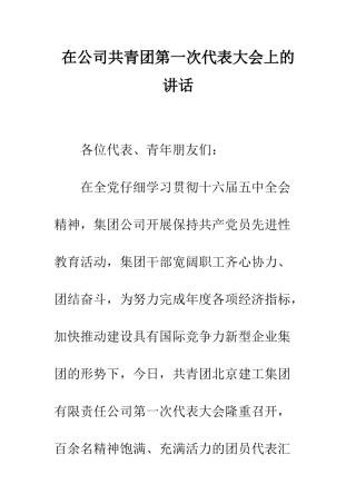 在公司共青团第一次代表大会上的讲话--精编范文