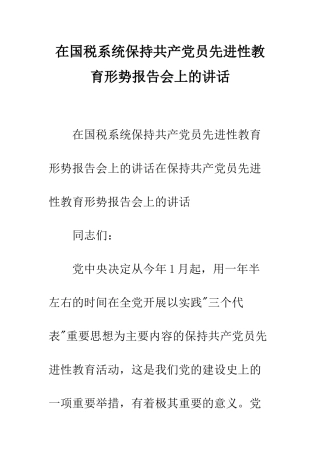 在国税系统保持共产党员先进性教育形势报告会上的讲话--精编范文