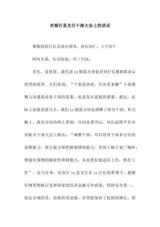 在银行县支行干部大会上的讲话