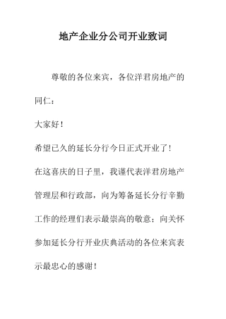 地产企业分公司开业致词--精编范文