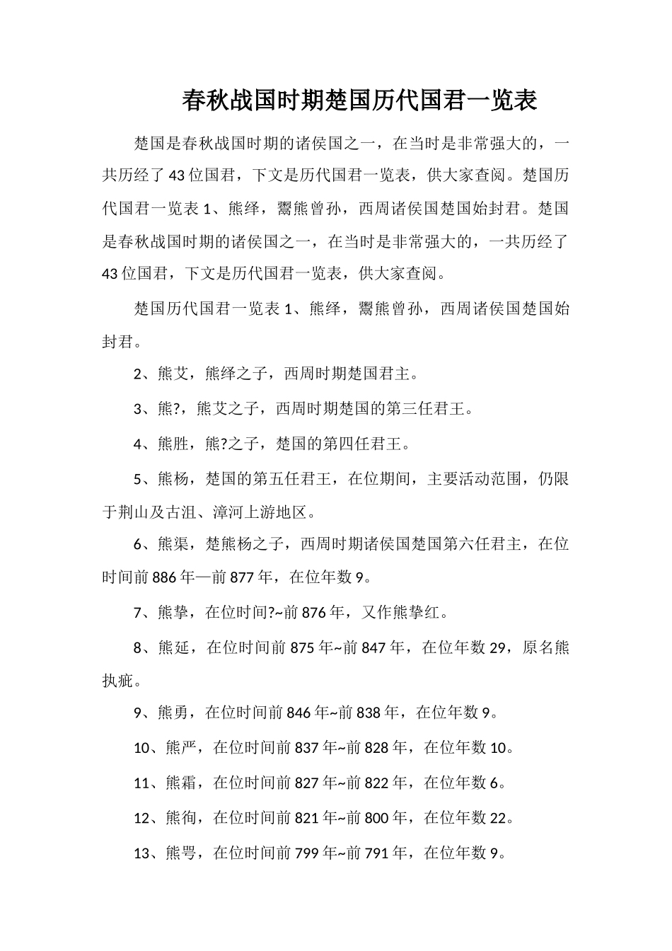 春秋战国时期楚国历代国君一览表_第1页